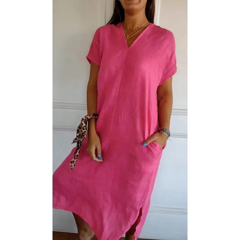 Nuovo Vestito Corto a Maniche Corte con Spacco in Cotone e Lino per Donna - Primavera ed Estate