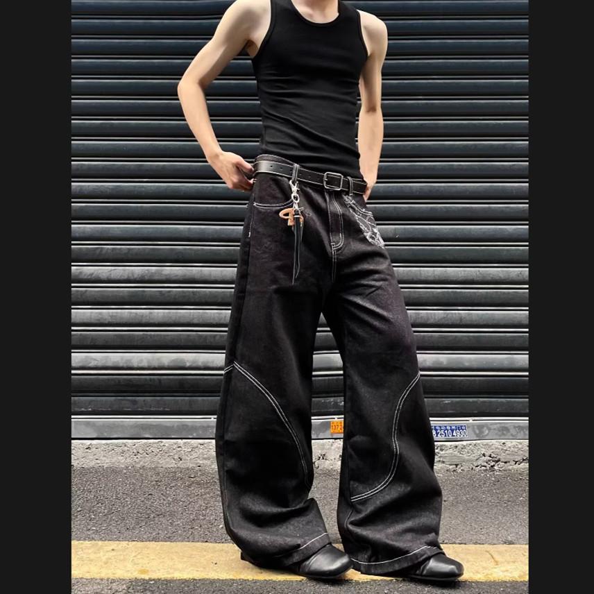 Trendy brand snake pattern denim jeans men's summer American high street narrow version scimitar pants loose bright line slightly pulled trousers