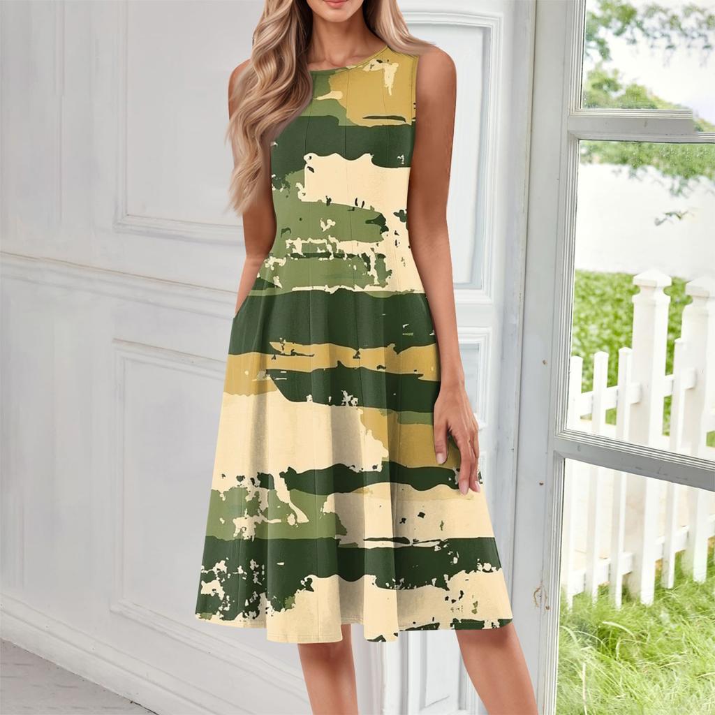 Women's Fashionable Round Neck Sleeveless Printed Casual Pullover Mid Length Dress