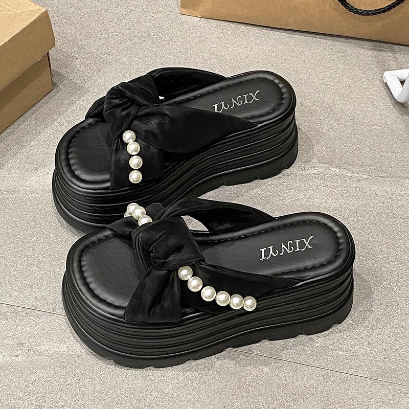 2025 Spring and Summer New Cool Slippers Muffin Thick Bottom Small Man Height Increase Bow Pearl Super High Thick Bottom Fashion Drag