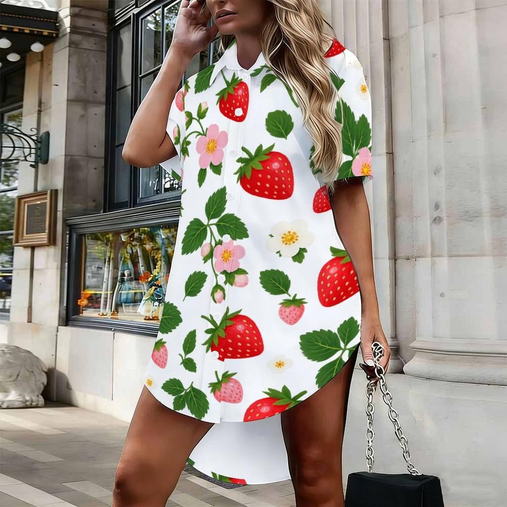 Women Plus Size Collared Neck Short Sleeve Ginkgo Leaf Printed Button Front Curved Hem Shirt Dress White Green