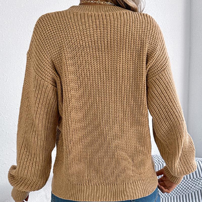 Women's Keyhole V-Neck Pullover with Puff Sleeves Solid Color Casual Knit Sweater