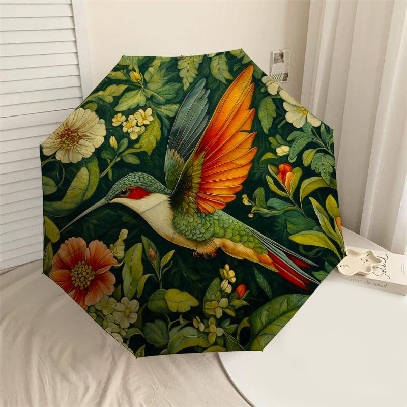 1pc Hummingbird Floral Automatic Folding Umbrella, Heavy Duty 8 Rib Iron Frame,  Suitable for Travel, Daily Use, Birthday, Decor Gift M0104069