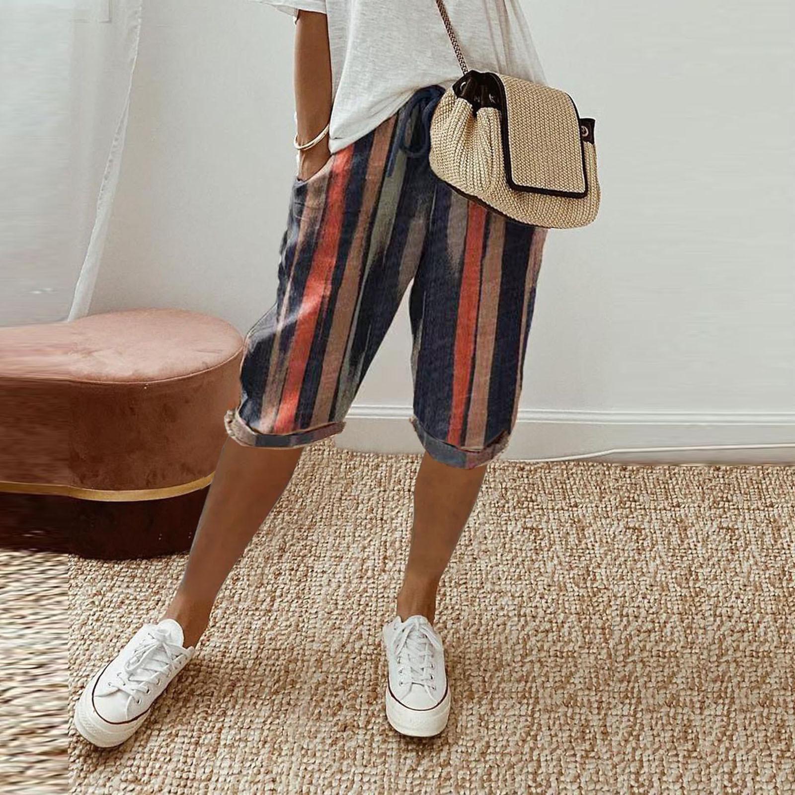 

Женские модные полосатые свободные брюки 5/10 из хлопка и льна, с карманами, повседневные S синий