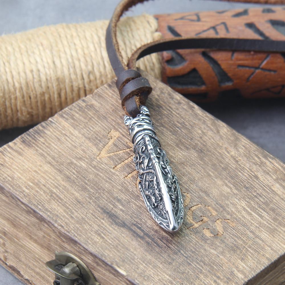 Stainless Steel Viking Dragon Spear Pendant Necklace with Real Cow Leather Chain Mens Gift in Wooden Box