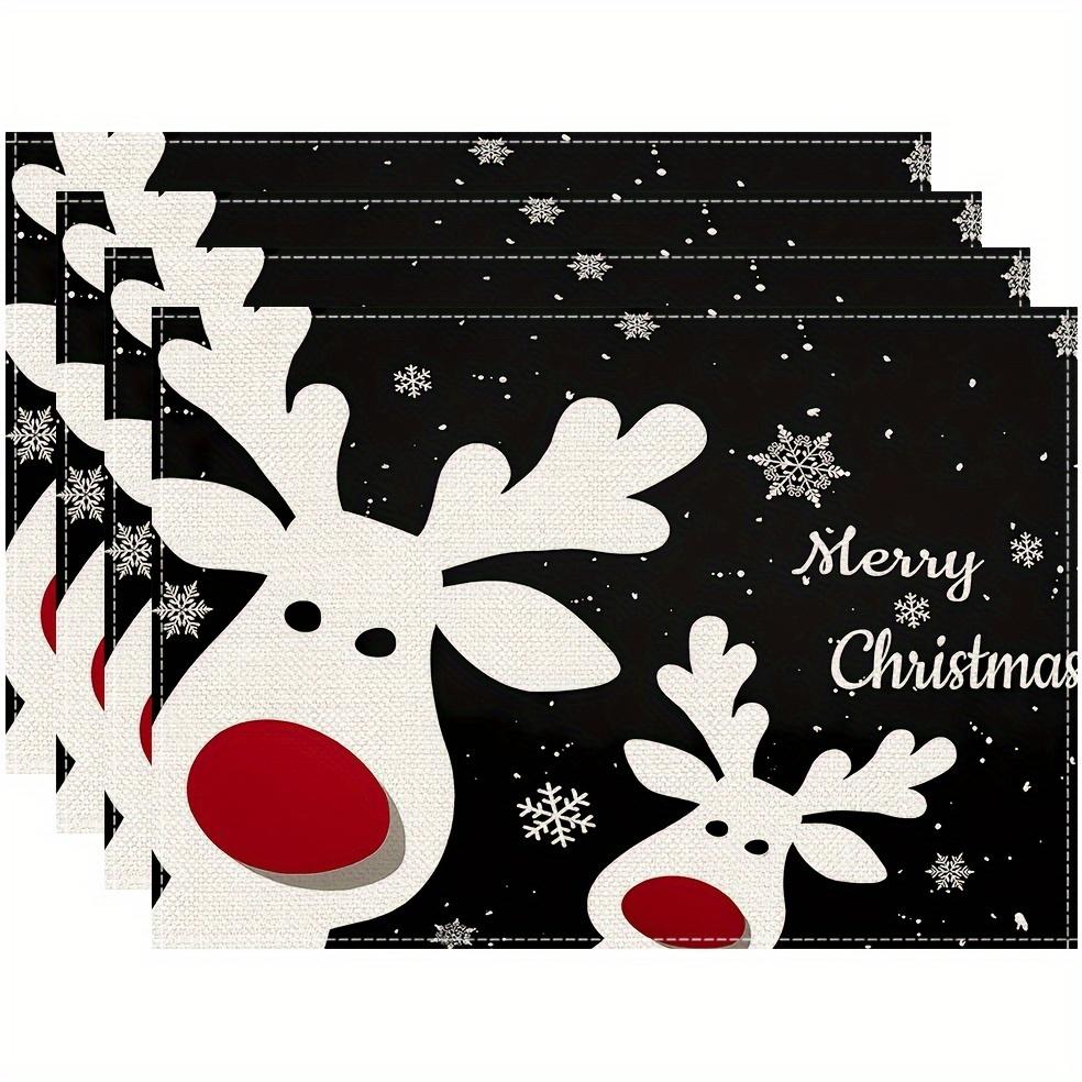 4pcs Linen Placemats, Christmas Reindeer Theme Decorative Placemats 12x18 Inches, Suitable for Home Kitchen Dining Table Decoration, Holiday Party