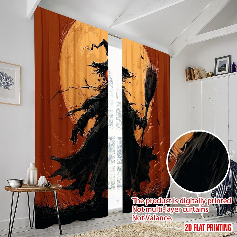2pcs,2D Plane Printing Pattern Curtains Witches_ Jack-O-Lanterns & Bats Versatile Polyester (without Rod) Art Deco Festive for