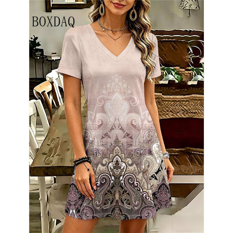 Ethnic Style Floral 3D Print Dress Women V-Neck Short Sleeve Dress Streetwear Casual Loose Plus Size Woman Clothing Summer