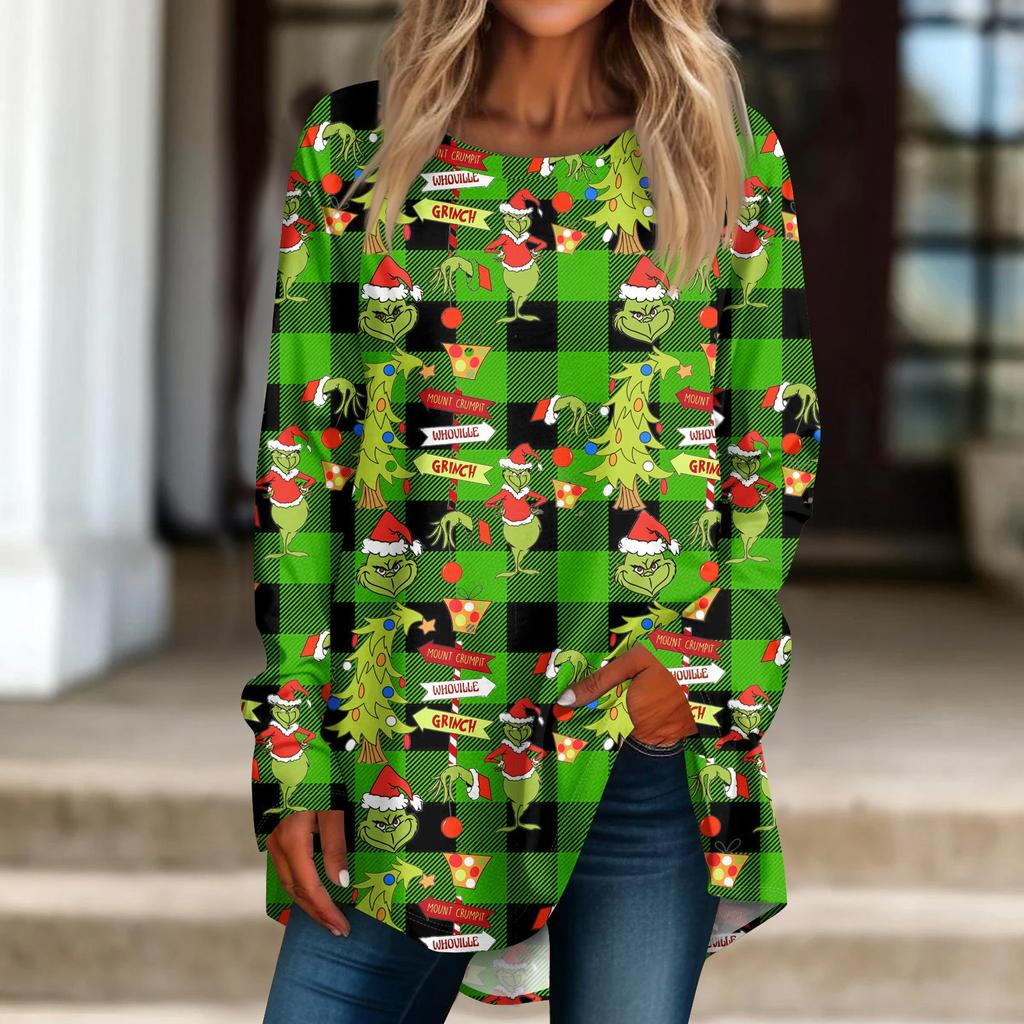 Damen Weihnachtsdruck Langarmshirt Rundhals Pullover T-Shirt Top Pullover