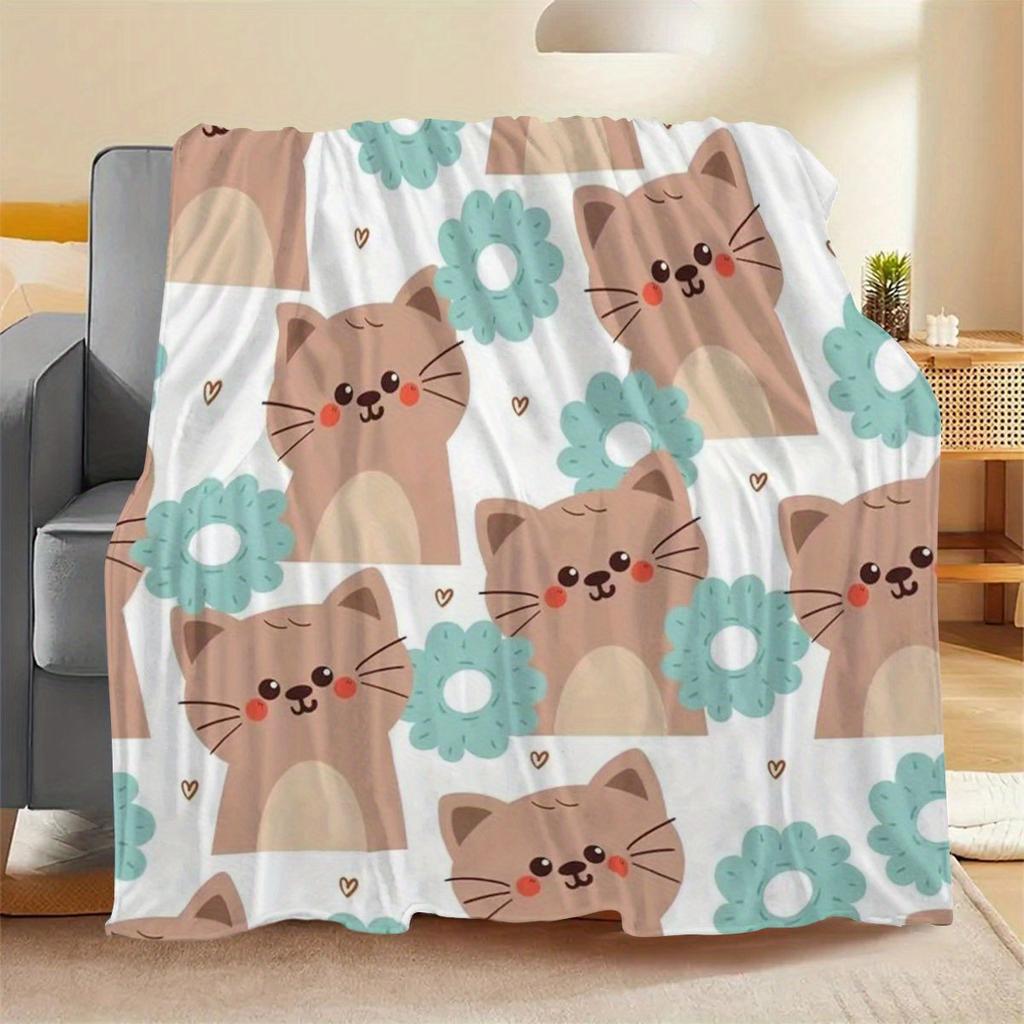 Cartoon Cat Flannel Blanket - Soft Digital Print Blanket for Camping/Sofa/Bed, Comfortable Men/Women Gift for All Seasons