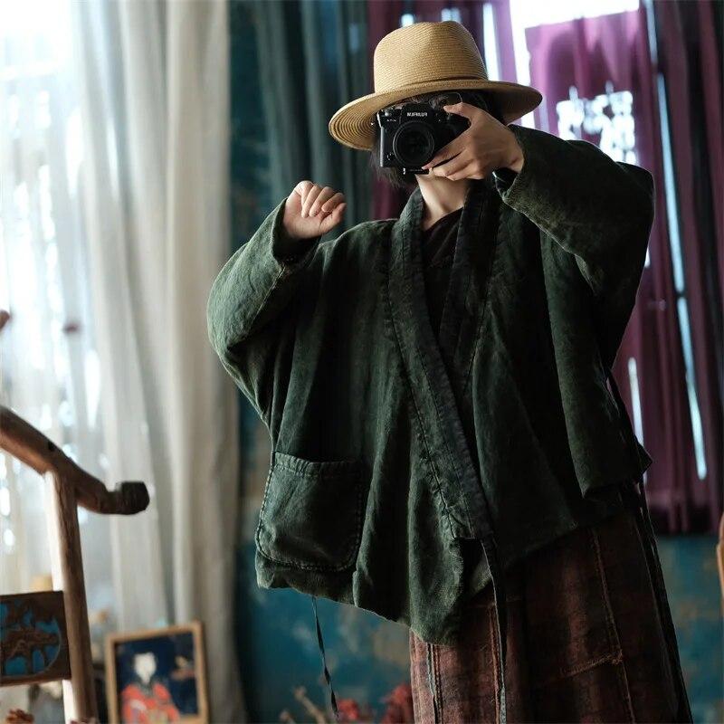 Johnature Women Vintage Belt V-Neck Parkas Long Sleeve Plus Cotton Coats Winter Dark Purple Women Linen Parkas