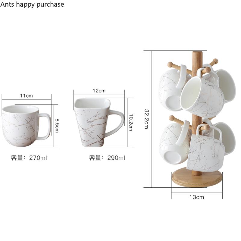 Ceramic Water Cup 6-piece Set Wooden Cup Holder Drain Rack Tea Set Coffee Mug Afternoon Tea Cups Milk Mug Decorative Teaware Set