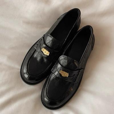[Su Familie] Rindsleder Edition~ Flacher Boden~ Pferdeleder Retro Poliert Kleine Goldmünze Loafu Einzelne Schuhe Damen Kleine Lederschuhe