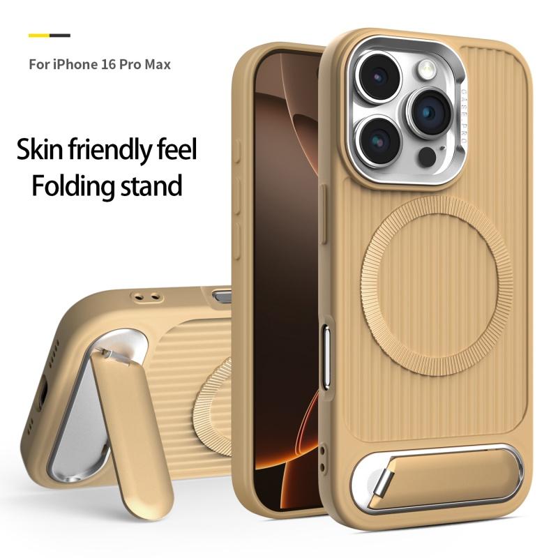 Luxury Stripe With Folding Bracket Plain Phone Case For iPhone 16 15 14 13 12 11 Pro Max Magnetic For Magsafe Wireless Charging