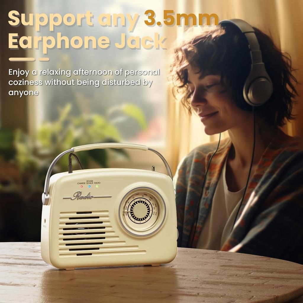 Portable AM FM Radio, Retro Radios Battery Powered & Plug-in Wall, Vintage Radio with Bluetooth, Easy To Use Large Dial for Home/Outdoor/Kitchen