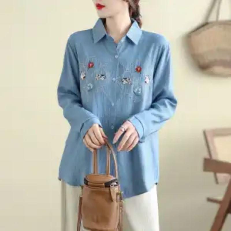 

Женская вышитая джинсовая осенне-зимняя новая ретро универсальная свободная высококачественная рубашка с длинным рукавом L синий