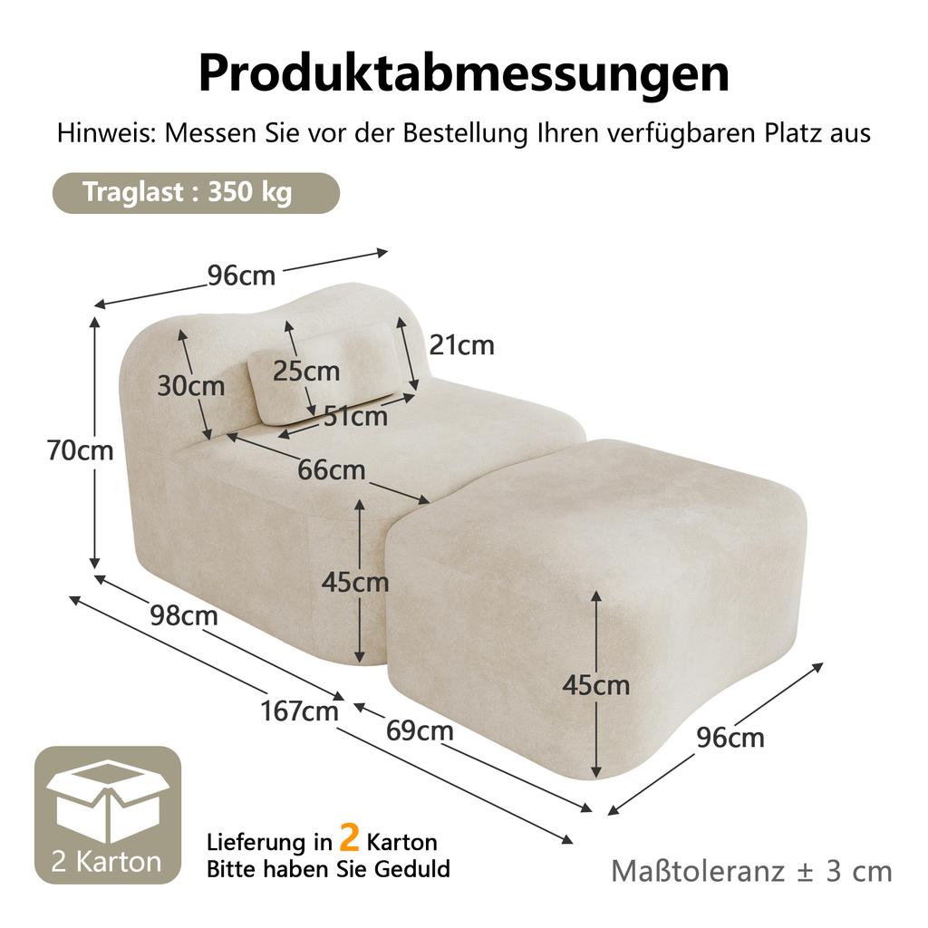 Modular Frameless Sofa with Ottoman, Wave Design, 32D Foam Filling, Movable Back Cushion, Soft Fabric, for Apartment, Living Room and Bedroom, Beige