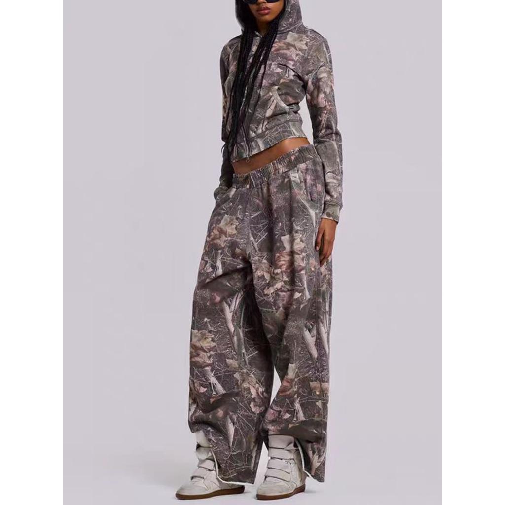 FlowStreet Streetwear Camouflage Two-piece Set European American Harajuku Zipper Hoodie Y2K Pullover Loose Sweatpants Casual Wide Leg Pant