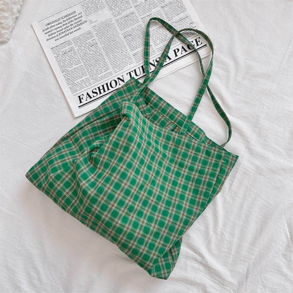 L310 Retro Plaid Canvas Bag Stylish Versatile Lightweight Shoulder Tote For Women