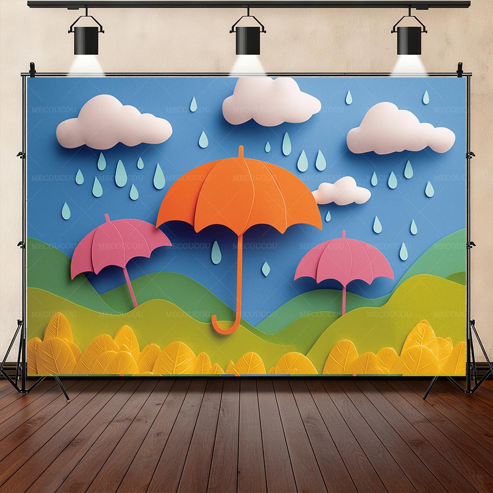 Fondo de banner con tema de gotas de lluvia y paraguas 3D, accesorios para sesión de fotos en estudio, póster de jardín de infantes, accesorios para fiesta de cumpleaños infantil
