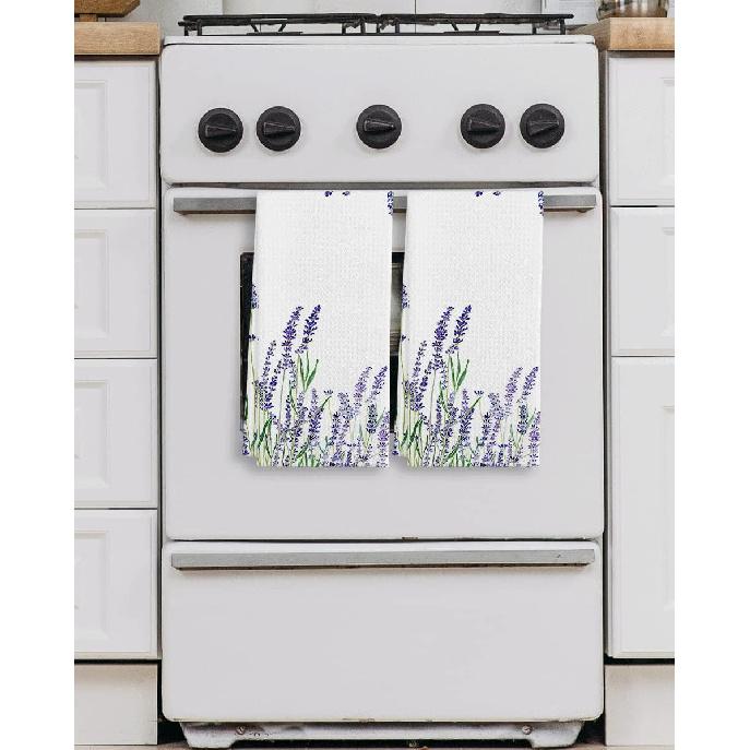 QIYUHOY Spring Summer Cottagecore Purple Lavender Wildflowers Kitchen Tea Towels, 16 X 24 Inches Set of 2 Cotton Dish Towels Dishcloths, Dish Cloth