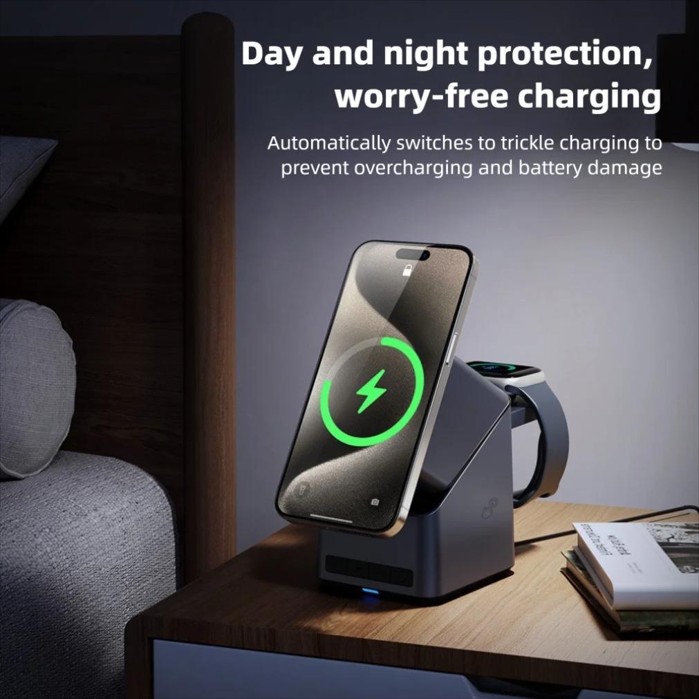 Desktop Clock Magnetic Wireless Charger 4-IN-1 Fast Charging Dock For iPhone 16 15 14 13 12 Apple Watch 10/9/8/7/6/5 AirPods Pro