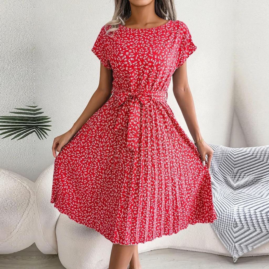 Dámské jarní a letní krátké rukávy s vysokým pasem, elegantní šaty, módní květinové skládané dlouhé šaty do A-linie