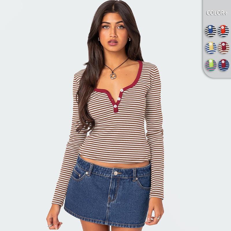 Women S Striped Color Block Knit T Shirt Slim Fit V Neck Long Sleeve