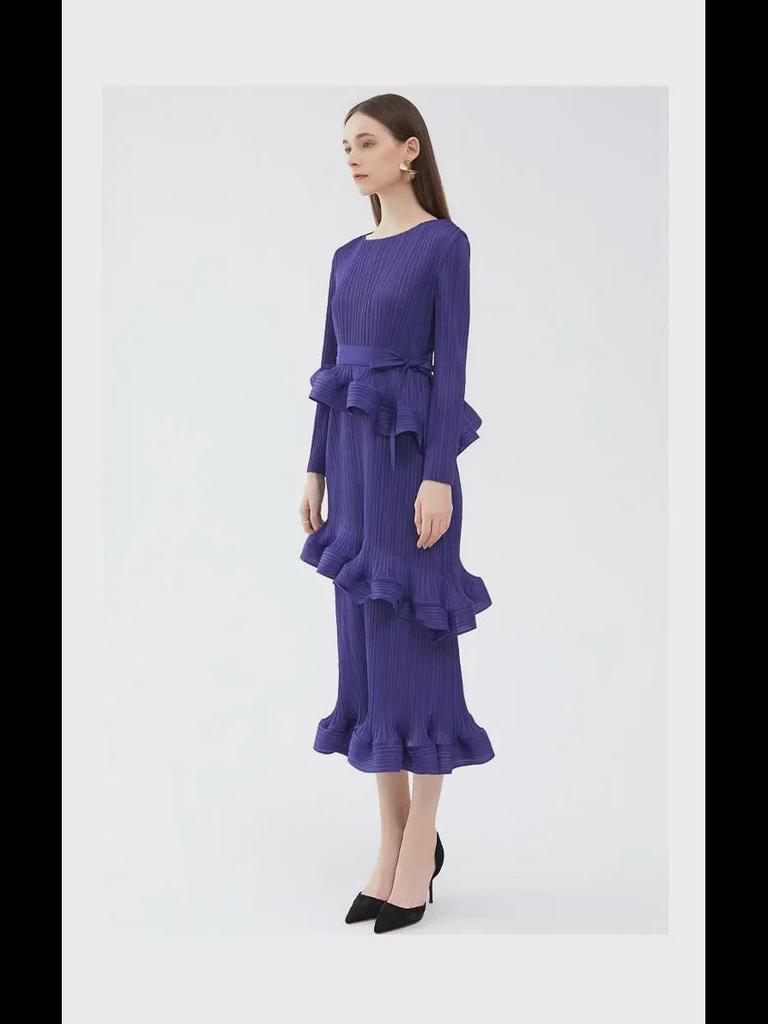 Women's 2025 Spring Miyake Ruffled Long-Sleeve Lace-Up Dress, Medium-Length, Slim Fit, Pleated Bottom Skirt.
