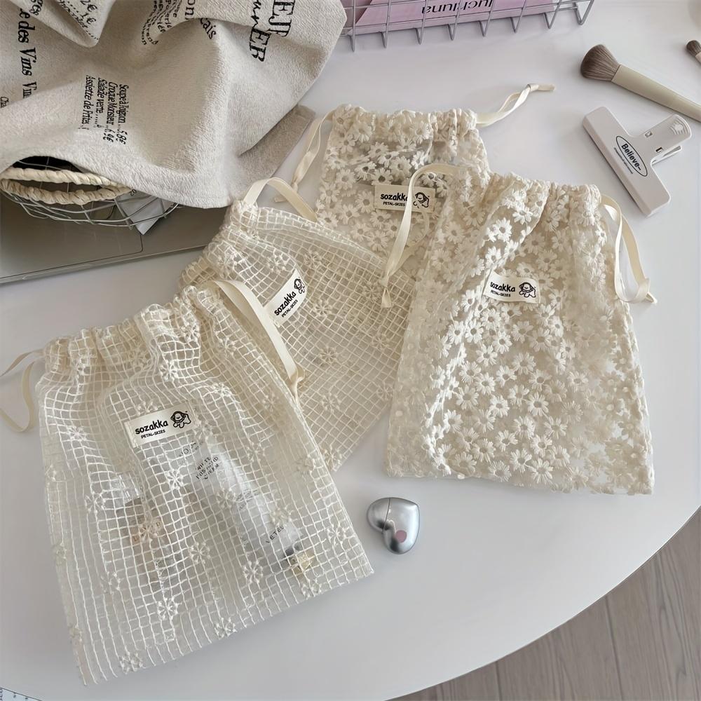 1pc Mesh Lace Embroidered Daisy Drawstring Storage Bag Cute Lightweight Travel Organizer for Skincare & Toiletries, Beige, Toiletry Travel Bag