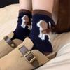 Autumn And Winter Brown Flocked Wool Medium Tube Socks Cute Color Matching Cartoon Dog Thickened Warm Stacking Socks Calf Socks