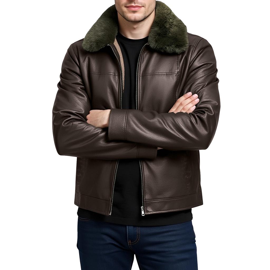 Men's Winter Solid Color Plus Velvet Leather Jacket Men's Casual Jacket