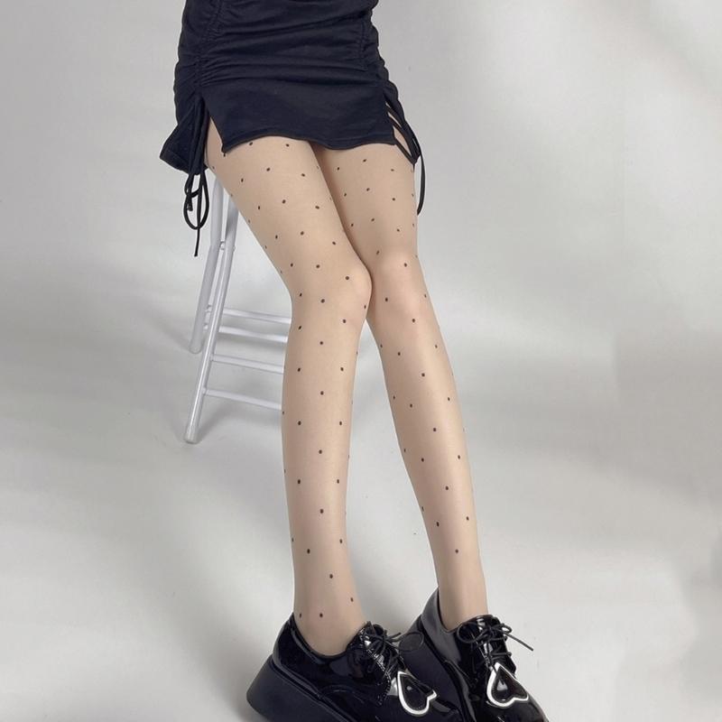 Women Sexy Ultra-Thin Sheer Silky Tights Japanese Sweet Bowknot Polka Dot Heart Printed See Through Pantyhose Stockings