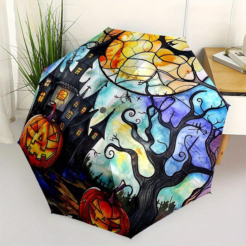 

Halloween Stained Pumpkin Castle Scene Round Wall ClockUmbrella, Portable 3-Fold Compact Umbrella,Christmas Gift ES593