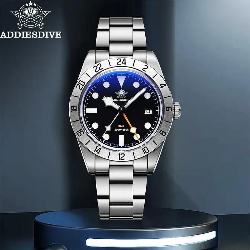 ADDIESDIVE Hot Sale GMT Quartz Watch Stainless Steel Bubble Mirror Glass BGW9 Super Luminous Men's Watches AD2035 NEW Waterproof