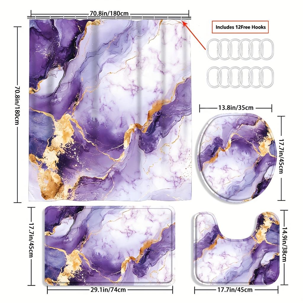 4Pcs Bathroom Shower Curtain Set Purple Golden Pattern Bathroom Curtain With 12 Hooks Non Slip Rugs Toilet Cover Mat Bathroom Partition