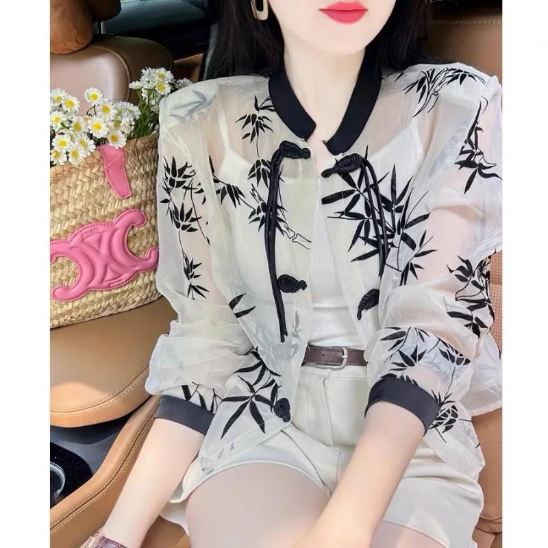 

Женская прозрачная шифоновая блузка с бамбуковым принтом, китайский стиль, воротник-стойка, завязки, свободный топ для защиты от солнца L