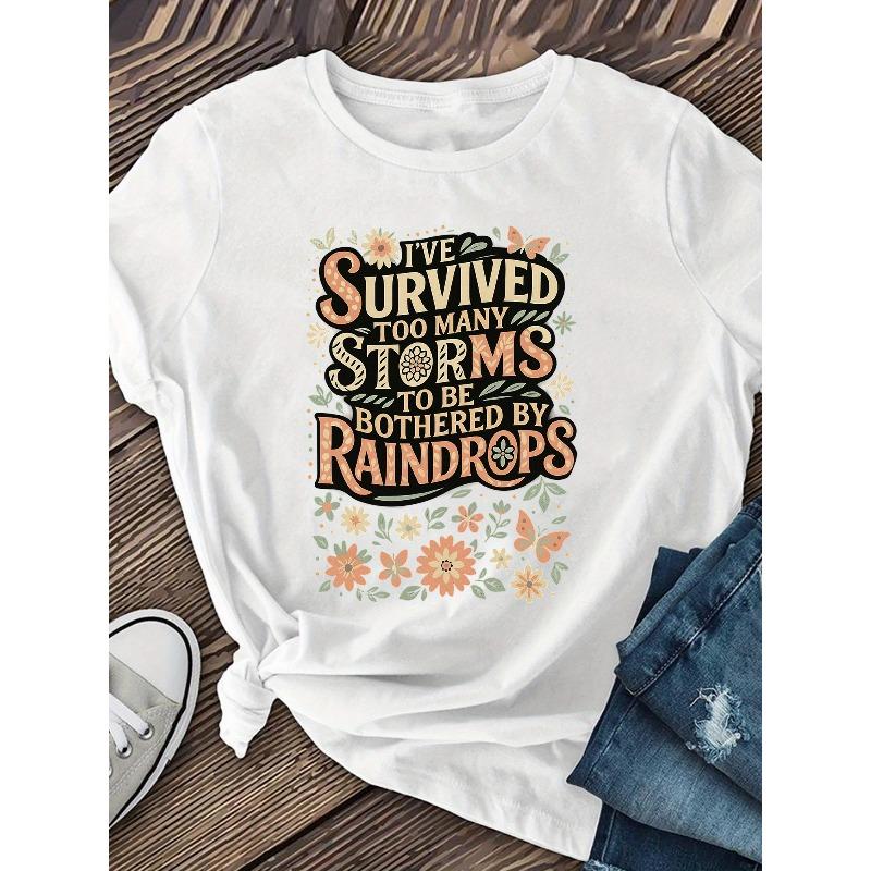 Womens Rainstory Print T Shirt Round Neck Casual Loose Short Sleeve Fashion Top
