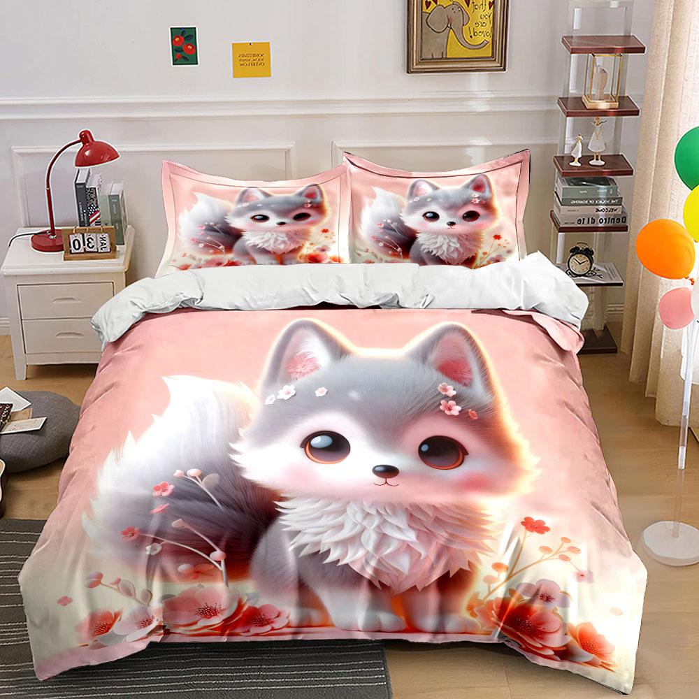 Adorable Fox-Themed Pink Floral Set Exquisite Three-Piece Bedding Set Gift For Kids And Adults