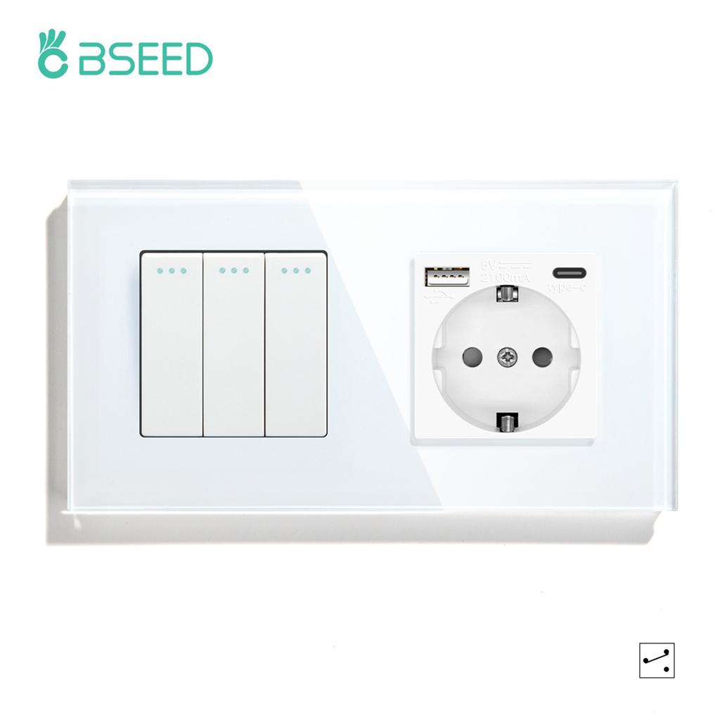 BSEED 1/2/3-fach Wandschalter 2-Wege Treppenlichtschalter Plus Typ-C USB-Steckdose EU-Standard Glaspanel