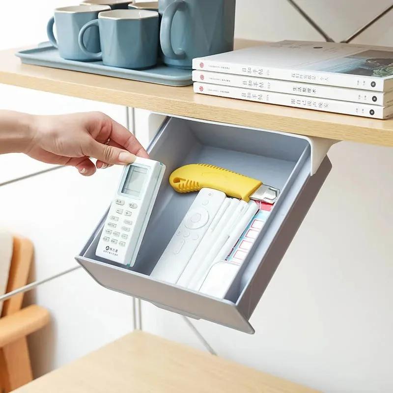 Hidden Hanging Storage Box Kitchen Drawer Knife Fork Spoon Tray Self Adhesive Under Desk Drawer Office Stationery Tool Organizer