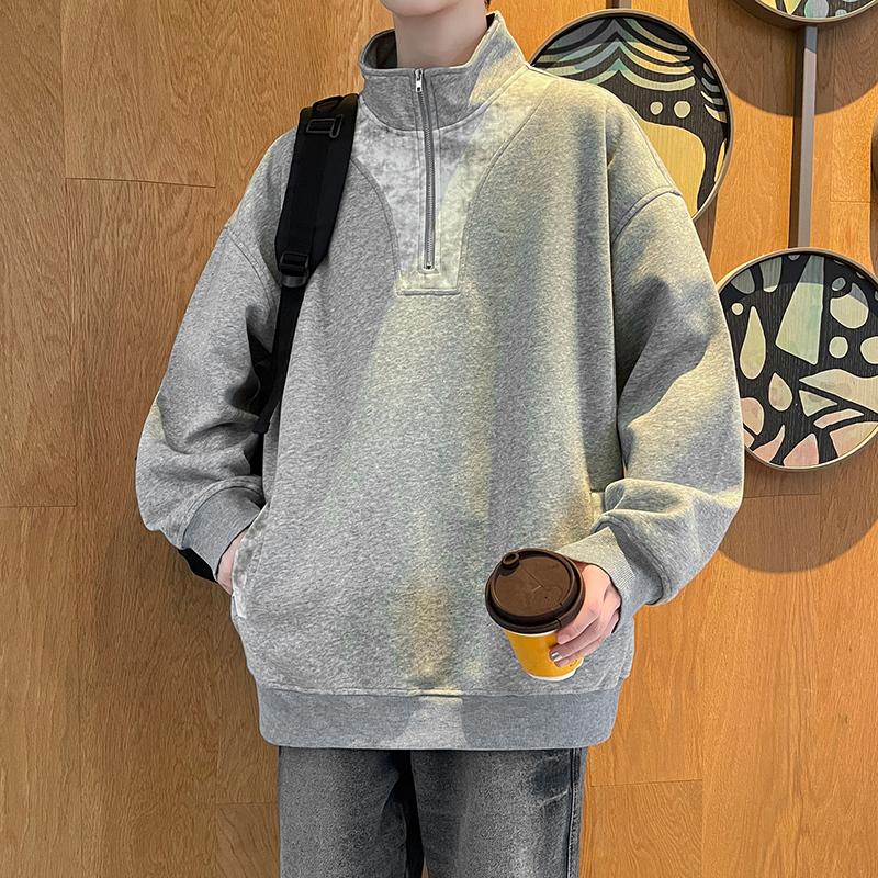 Men's Oversized Half Zip Sweatshirt, Gray Fleece Casual Pullover with Stand Collar, Loose Fit Streetwear Top for Autumn and Winter