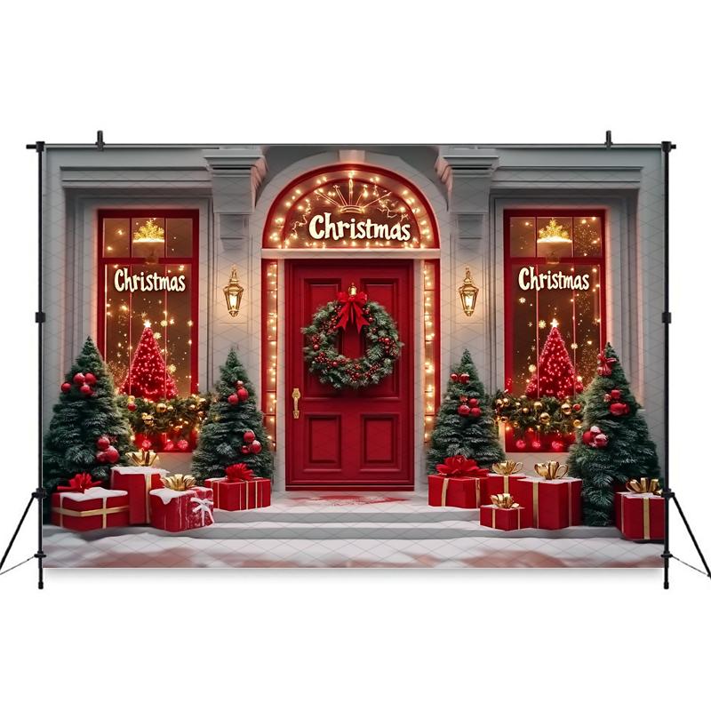 Mocsicka Christmas Photography Backgrounds Xmas Tree Decor Family Festival Party Photo Backdrops Winter Snow Door Pattern Banner