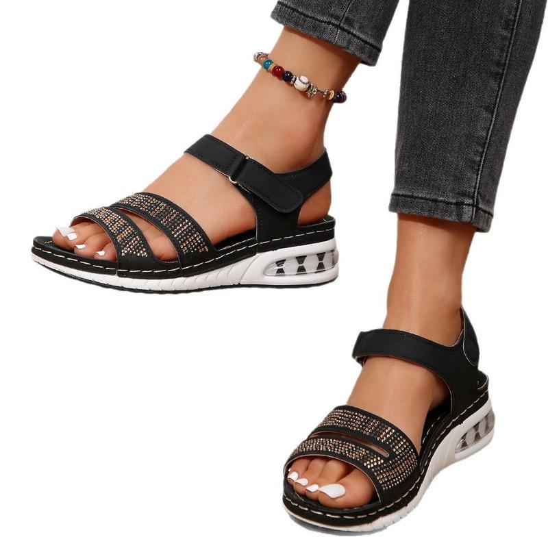 Women's Wide Width Glitter Platform Slides - Air Cushion Wedge Heels with Crystal Embellishment, Chunky Strap Summer Sandals