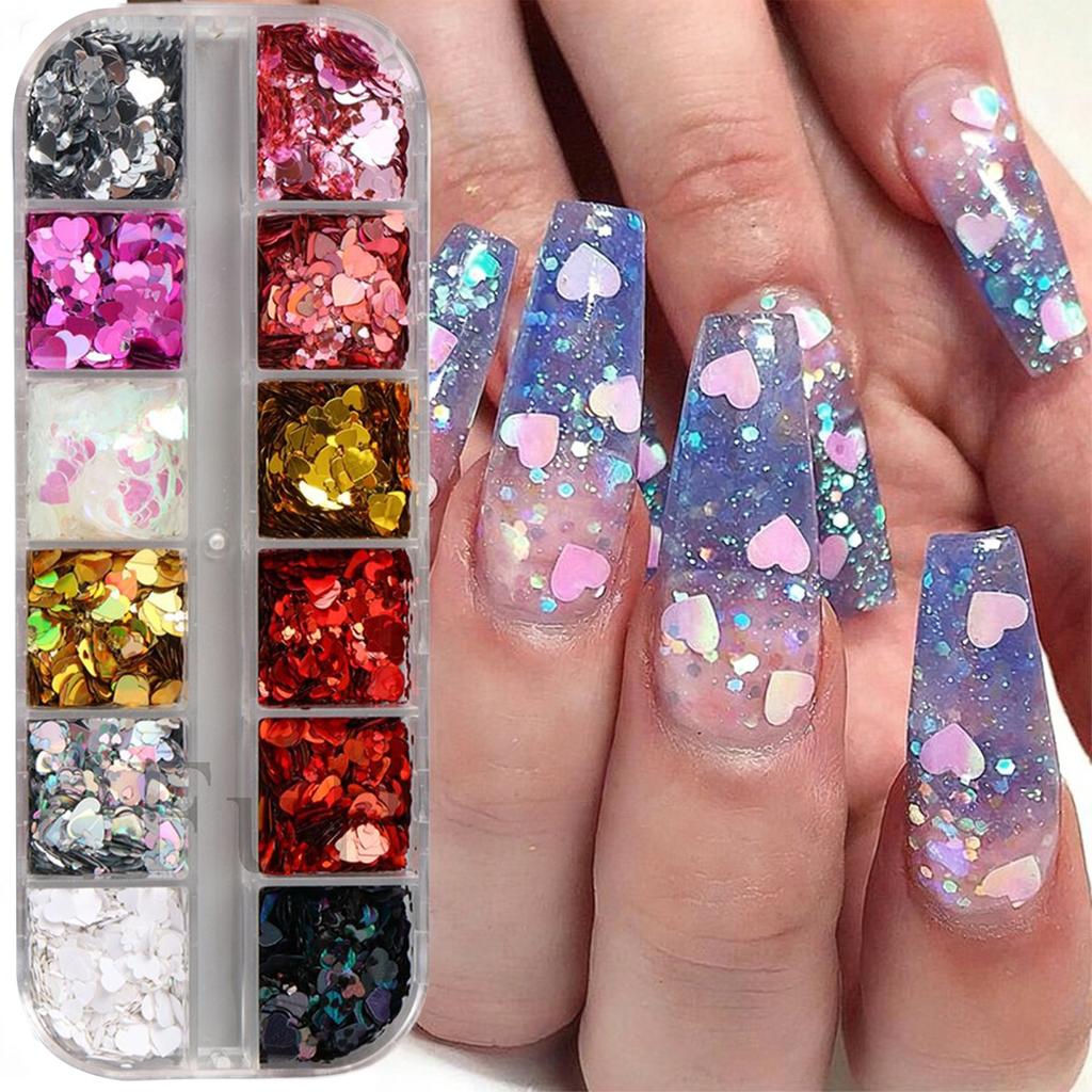 1 Box 12 Color Hearts Nail Glitter Love Nail Sequins  Rose Nail Flaking Sparkly Glitter Flaking Shiny Nail Glitter Valentine Nail Sequins Glitter