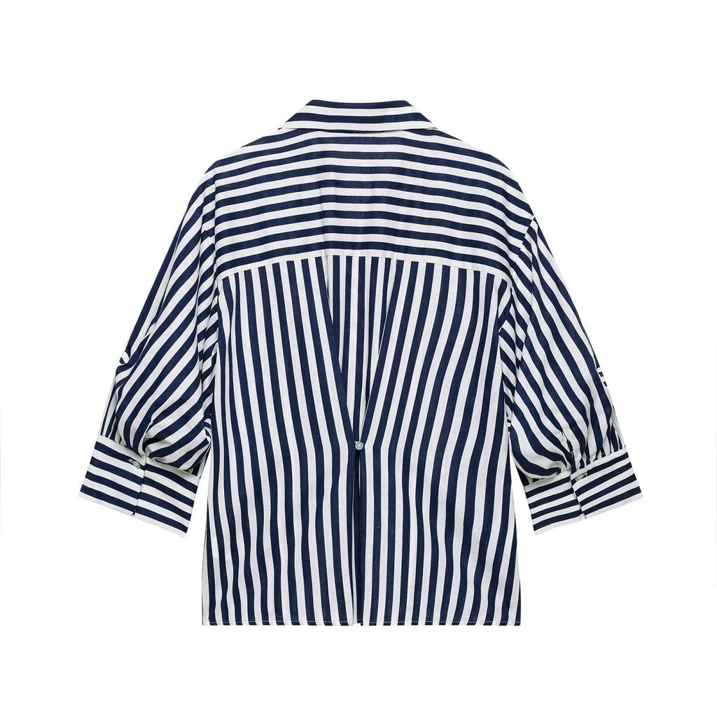 European and American style, new women's clothing, foreign style, bubble sleeves, long sleeves, V-neck linen striped shirt