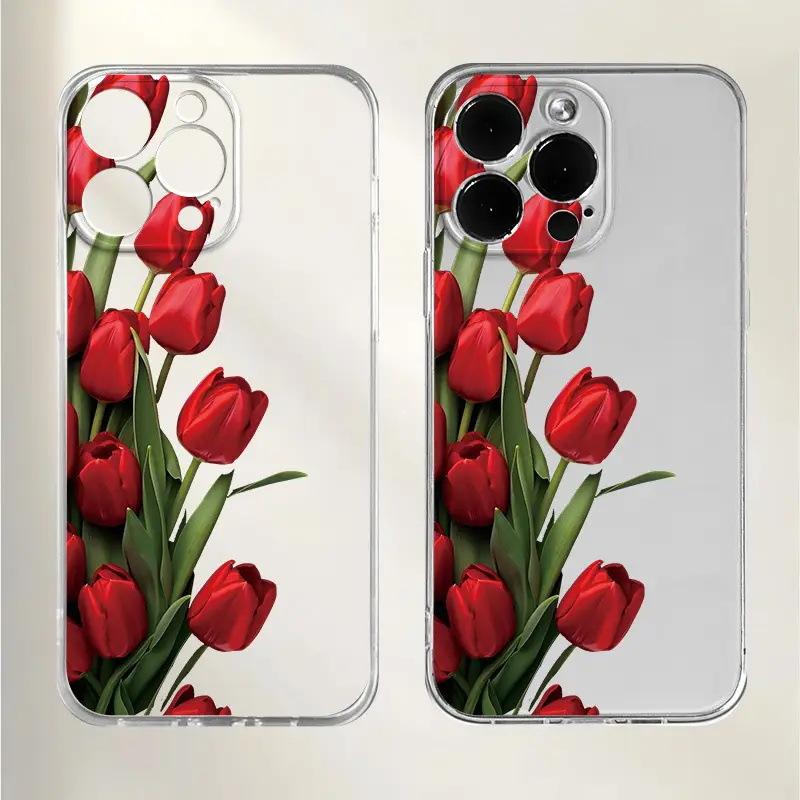 Exclusive for ins tulip flowers, suitable for Apple 17/16 transparent silicone 15promax all-inclusive mobile phone case