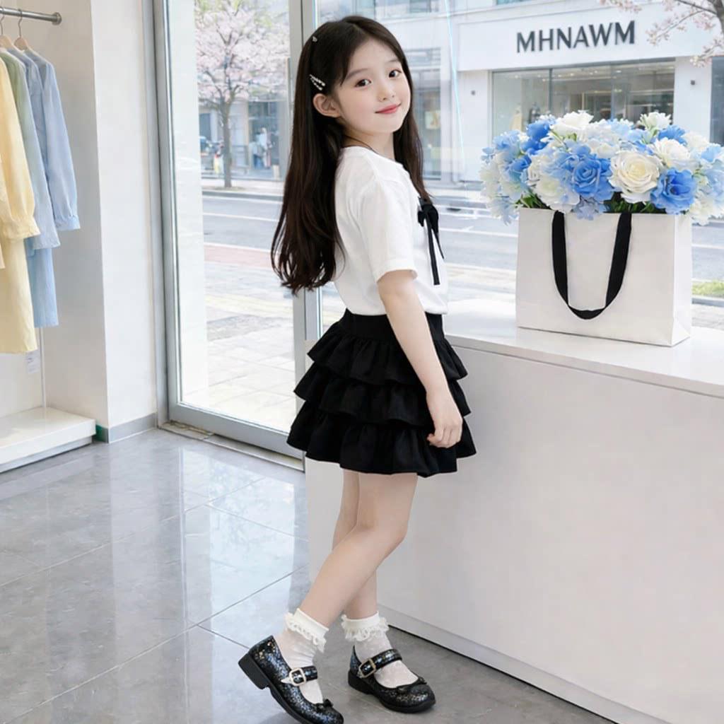 Completo estivo a due pezzi per bambina in stile coreano con fiocco - Dolce e alla moda Outfit con gonna a torta