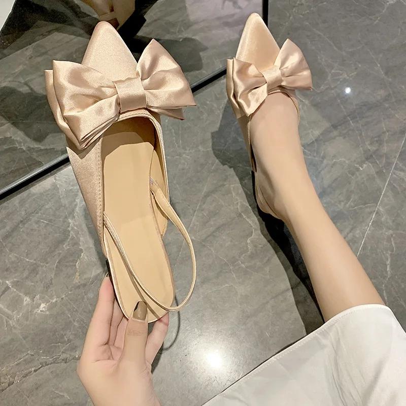 Fashion Women Baotou Sandals Fashion Bow-knot Low Heels Pumps Female Silk Sexy Pointed Sandalias De Mujer Women's Shoes 2025