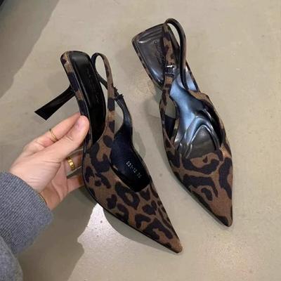 Niche French Leopard Print High Heels Bag Head Sandals Fairy Shoes 2025 New Spring and Summer Temperament Pointed Single Shoes